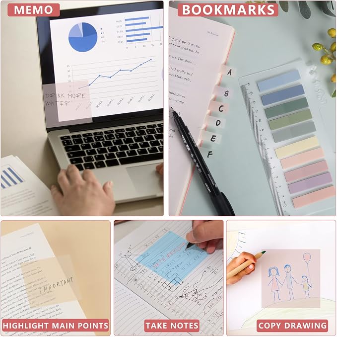 ONEDONE Transparent Sticky Notes 700 Sheets -Clear Sticky Notes for Annotating Books Translucent Book Tabs Book Page Markers Office & School Supplies