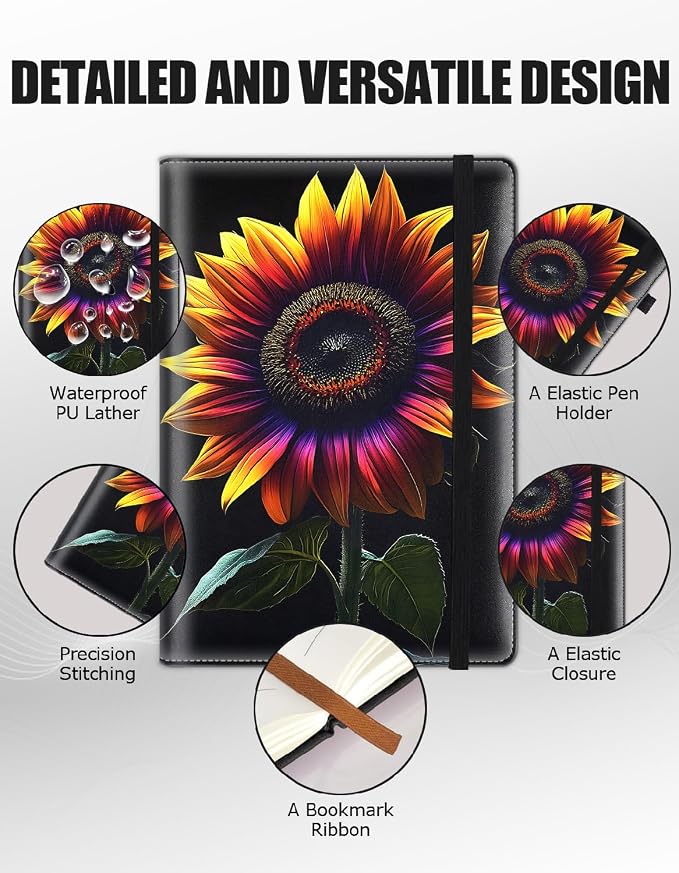 Hardcover Executive Notebooks, A5 PU Leather Lined Journal Notebook, 200 Pages Thick Paper Subject Notebooks for School,Work,Home Writing Business Notebook, Diary Book ，Colored Sunflowers