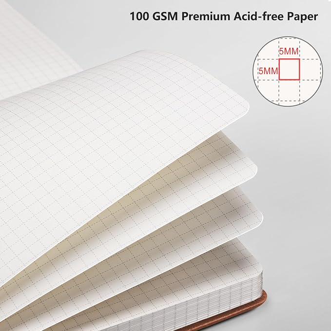 AHGXG Graph Grid Paper Notebook, 192 Pages, A5 Medium Size (5.7'' x 8.3'') | 5 Squares per Inch, Leather Hardcover, 100 GSM Thick Paper, for School, Students, Math, Engineering (Brown)