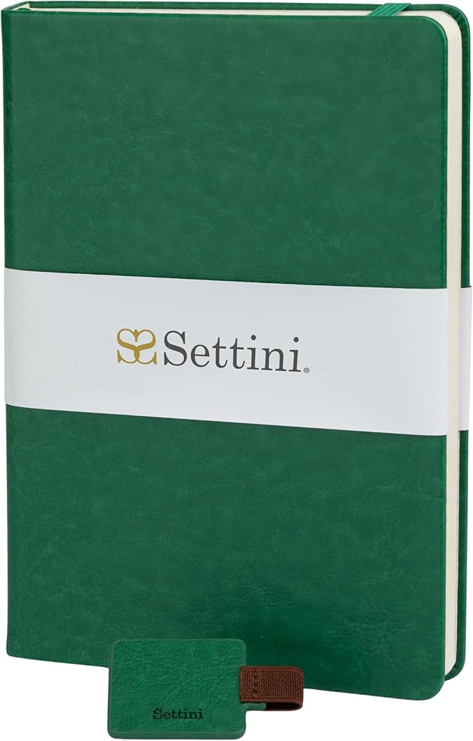 SETTINI® Hardcover Lined Journal Notebook A5 120 GSM Lay-Flat, Emerald | lay-flat binding, 120 GSM thick paper, A5, lined, ribbon bookmark, elastic closure, for women