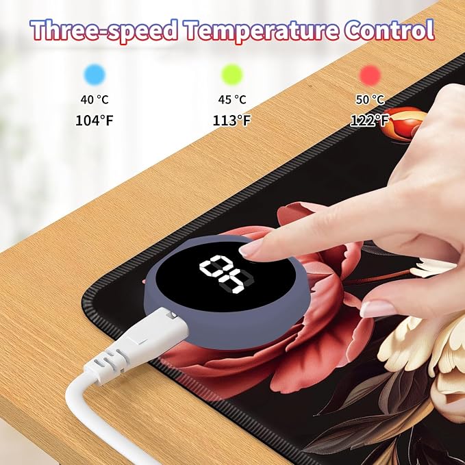 Heated Desk Pad Large Mouse Pad 23.6 x 14.1 inch with 3 Levels Heating & Auto Shut-Off Warm Mouse pad PU Leather Computer Mousepad for Home Office Work - Pink and Red Flower