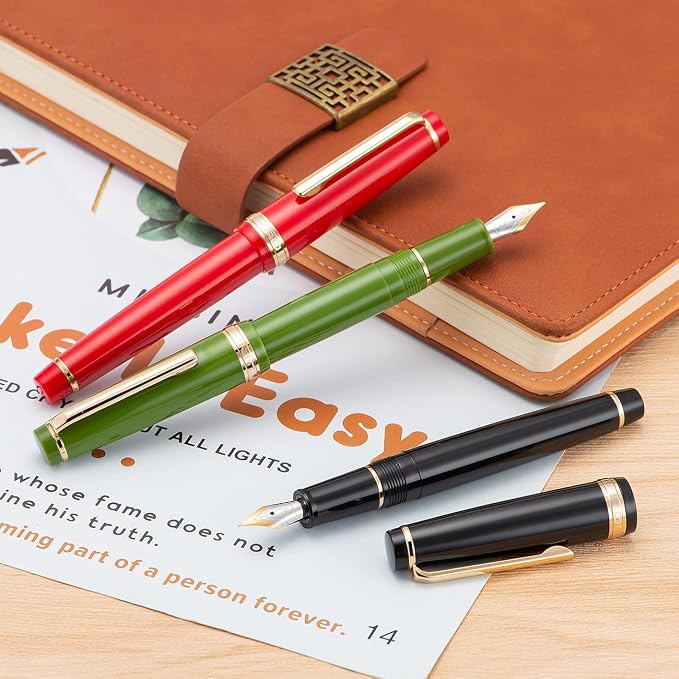 Jinhao 82 Black Acrylic Fountain Pen, Iridium Fine Nib Classic Design Smooth Writing Pen with Ink Converter (Gold Trim)