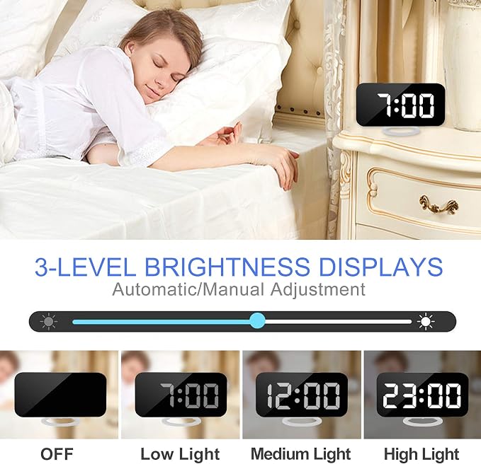 Digital Alarm Clock,7" LED Mirror Electronic Clocks,with 2 USB Charging Ports,Snooze Mode,Auto Adjust Brightness,Modern Desk Wall Clocks for Bedrooms Living Room Office - White