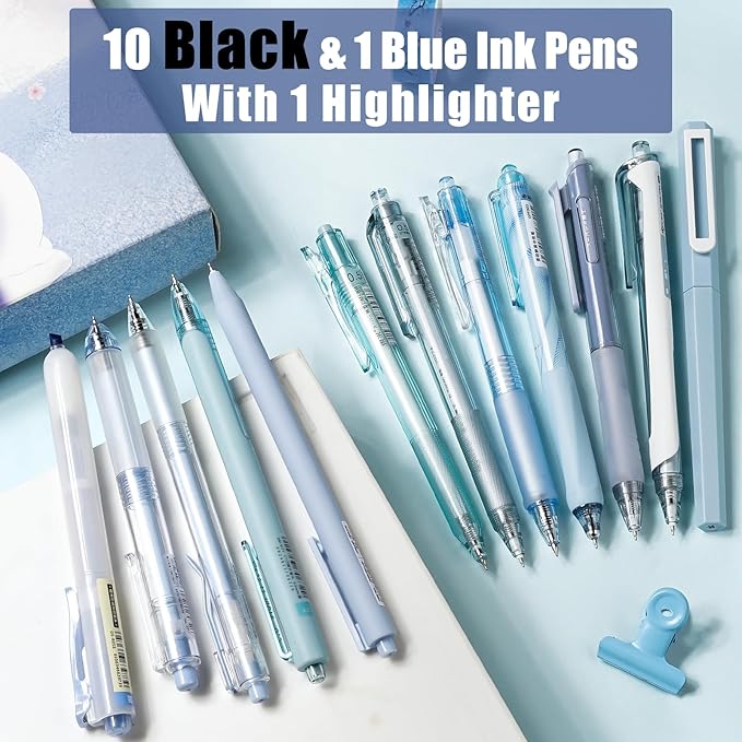 Four Candies Cute Blue Pens, Black Gel Ink, Ocean - 12ct, 0.5mm Fine Point | School Supplies, Office Decor & Desk Accessories for Journaling