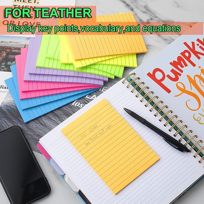 (36 Pack) Lined Sticky Notes 4x6 in,Large Notepads with Lines,Ruled Stickies Super Sticking Power,Office School Memo Note Pads Bright Colors,Post on Windows Doors,Recyclable,Easy to Write on