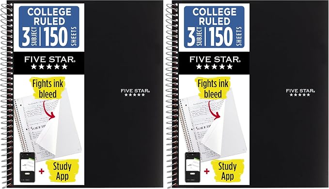 Five Star Spiral Notebook + Study App, 3 Subject, College Ruled Paper, Fights Ink Bleed, Water Resistant Cover, 8-1/2" x 11", 150 Sheets, Black (72069) (Pack of 2)