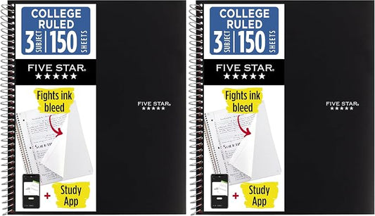 Five Star Spiral Notebook + Study App, 3 Subject, College Ruled Paper, Fights Ink Bleed, Water Resistant Cover, 8-1/2" x 11", 150 Sheets, Black (72069) (Pack of 2)