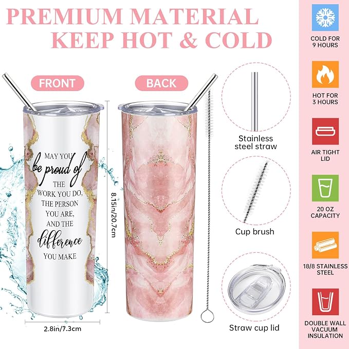 Domensi 6 Pcs Employee Appreciation Gift Set for Women Female Thank You Gift May You Be Proud 20 oz Rustic Marble Sign Tumbler Makeup Bag Journal for Boss Teacher Work Business(Pink)