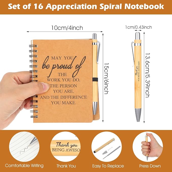 16 Sets Employee Appreciation Notebooks Bulk, Mini Spiral Journal with Pen, Staff Appreciation Gifts for Coworker Team Nurse Graduate, Thank You Notebooks with Bamboo Ballpoint Pens