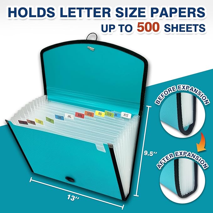 H4D 13-Pocket Accordion File Organizer, Expanding File Folder, Teal | Extra Back Mesh Pocket, Letter Size Paper, Pre-Printed and Customizable Labels, Expandable Document Organizer