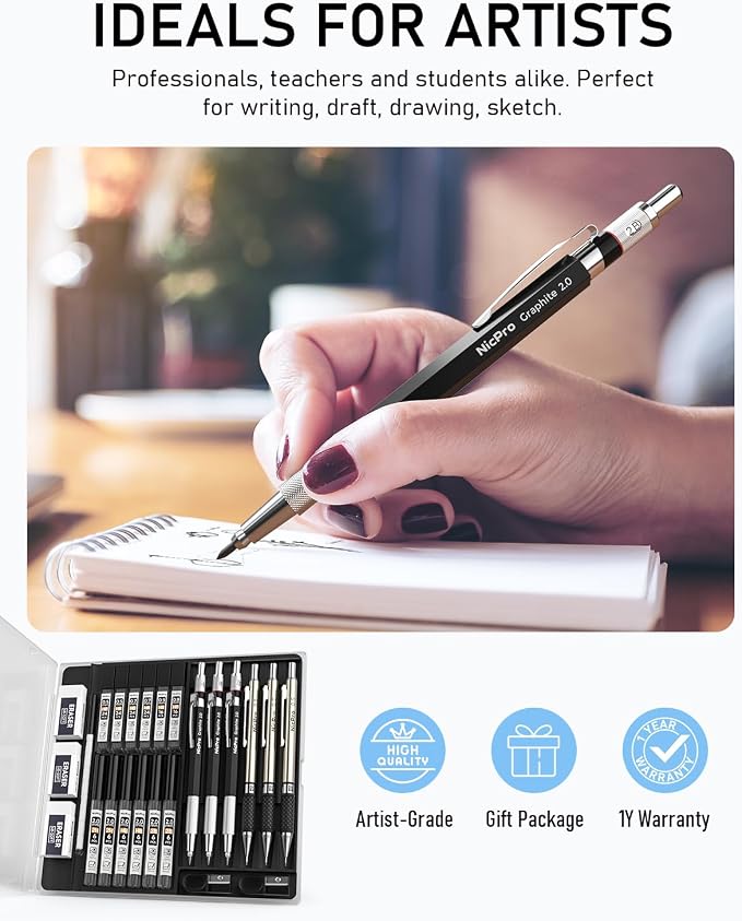 Nicpro 6PCS Art Mechanical Pencil Set, 3PCS Metal Drafting Pencil 0.5 mm & 0.7 mm & 0.9 mm & 3PCS 2mm Graphite Lead Holder (2B HB 2H) For Writing, Sketching Drawing With Lead Refills Case