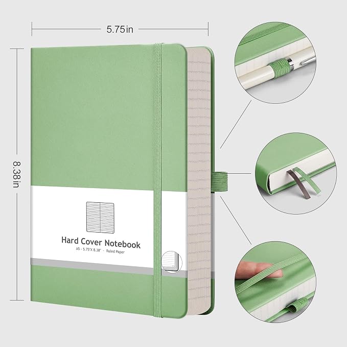 AHGXG Lined Journal Notebook, 320 Numbered Pages, A5 (5.75'' X 8.38'') | Thick Lined Notebook for Note Taking, 100GSM Paper, Leather Hardcover, for Women Men (Light Green)