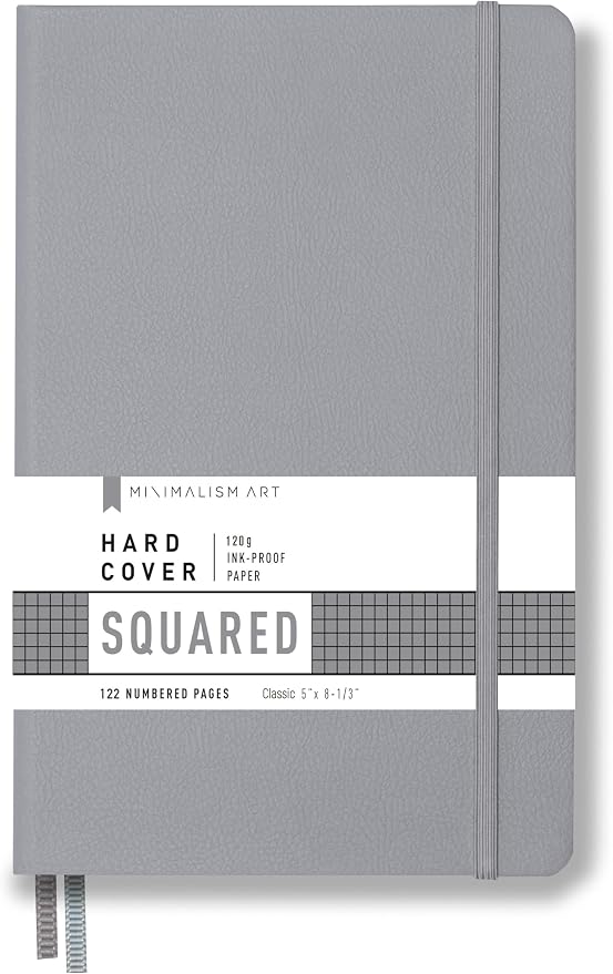 Minimalism Art, Premium Hard Cover Notebook Journal, Classic 5" x 8.3", 122 Numbered Pages, Gusseted Pocket, Ribbon Bookmark, Extra Thick Ink-Proof Paper 120gsm, San Francisco (Squared, Gray)
