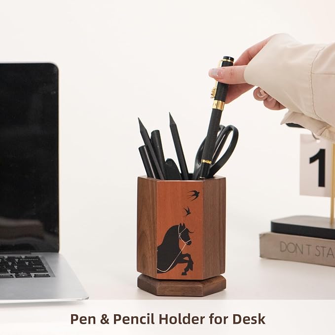 Solid Wood Pen Holder for Desk, Rotating Pencil & Pen Holder | Black Walunt Wood & Cherry Wood Pen Cup, Hexagonal, Walnut Desk Accessories, Desk Organizer for Office,Gift for Horse Lover