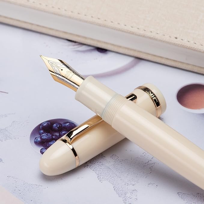 Jinhao X159 Ivory White Acrylic Fountain Pen, Size 8 Extra Fine Nib Gold Trim Classic Design Smooth Writing Pen with Converter