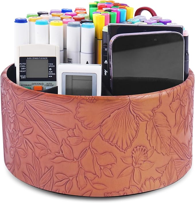 Remote Control Holder, 360°Spinning PU Leather Desk TV Remote Caddy,Desk Storage Box Room Accessories for Controller, Media,Mail,Calculator, Mobile Phone,Pencil(1-Carved Brown)