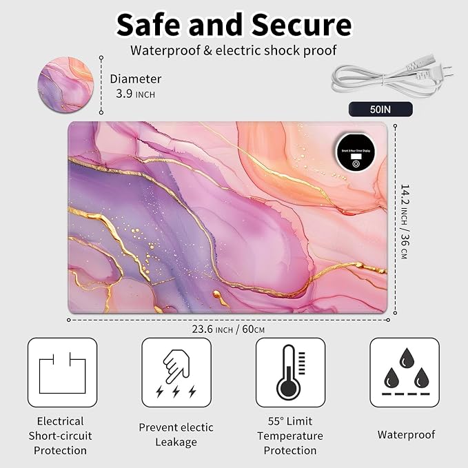 Heated Desk Pad Mouse Pad,Heated Desk Mat,with 3 Heating Levels & 3 Hours Auto Shut-Off,Leather 23.6"*14.2" Gaming Mouse Laptop Mat,Foot Warmer,Pink Golden Marble