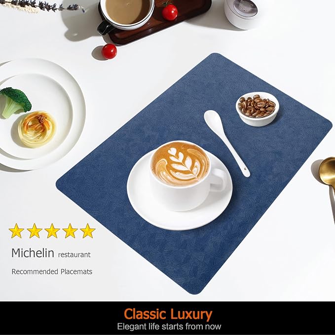 Blue Plastic Placemats Set of 8, Faux Leather Waterproof Table Mats | Blue Vinyl placemats,Wipeable and heat resistant table mats.Easy to clean,great for indoor and outdoor