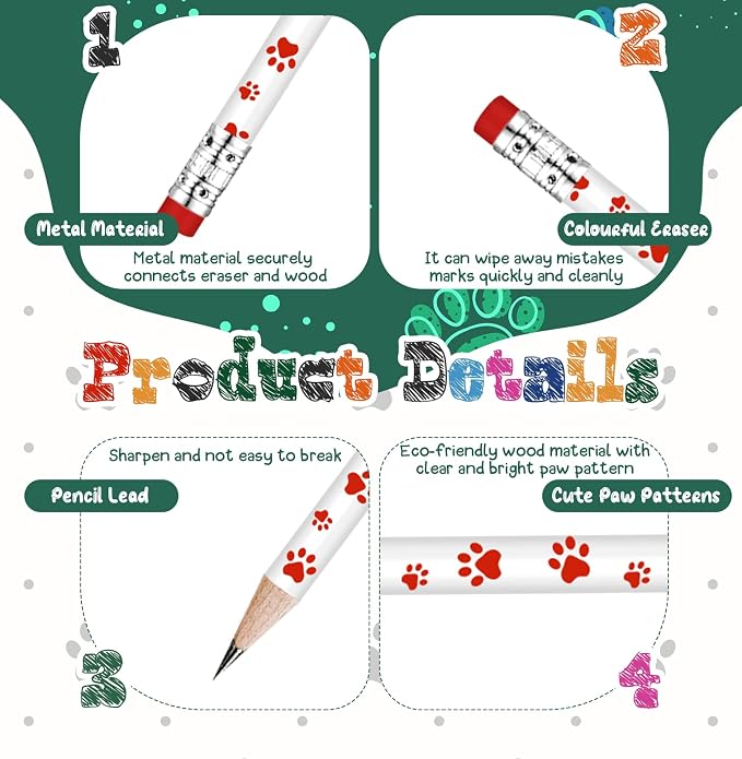 Weecent 48 Pcs Paw Print Pencil 8 Color Pencils Party Favors for Kids Wooden Writing Novelty with Erasers Dog Party Favors Fun School Supplies and Reward Prizes