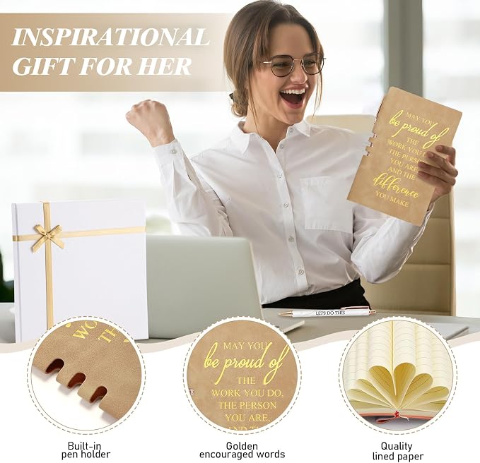 Resurhang 5 Pcs Employee Appreciation Gift Leather Journal Notebook 3 Ballpoint Pens with Box Back to School Thank You Gift for Nurse Volunteer Teacher Secretary Coworker Women(Khaki)