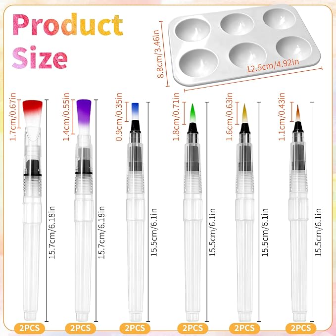 12 Pcs Refillable Watercolor Brush Pens with Palette | 12 Water Brush Pens Point & Flat Nylon Tips With Palette Reverse Thread Design For Painting Calligraphy Travel Art