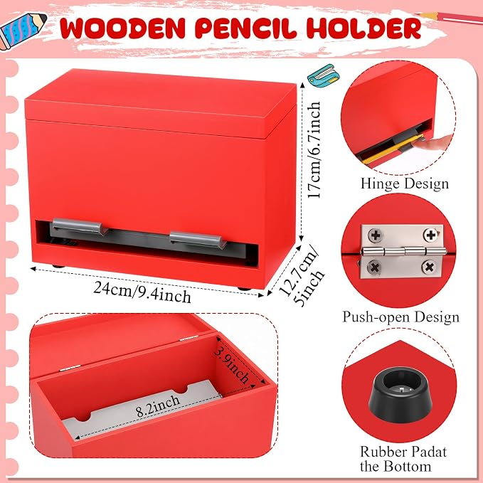 Yalikop 1 Pc Wooden Pencil Dispenser for Classroom Pastel Wood Pencils Holder for up to 200 Pencils Reusable Straw Dispenser for Home Office Teachers Supplies Storage (Classic,Red)