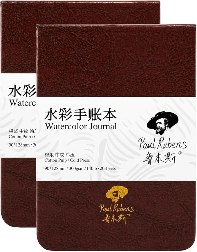 Paul Rubens Watercolor Journal, 2 Pack 40 Sheets 100% Cotton Acid-Free Cold Press Watercolor Sketchbook 3.54 * 5.04 Inches, 140lb/300gsm for Watercolors, Gouache, Acrylics