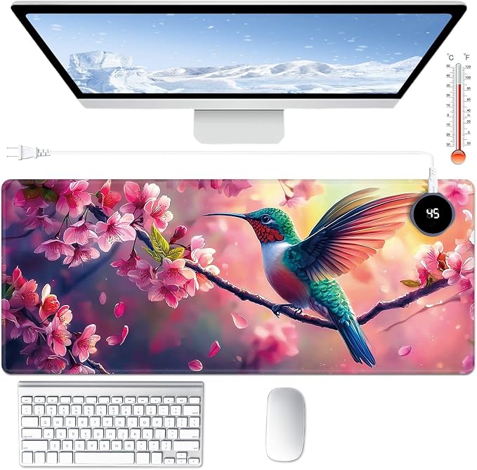 Heated Desk Pad Large Mouse Pad 31.5 x 13 inch with 3 Levels Heating & Auto Shut-Off Warm Mouse pad PU Leather Computer Mousepad for Home Office Work - Cherry Blossom and Hummingbird