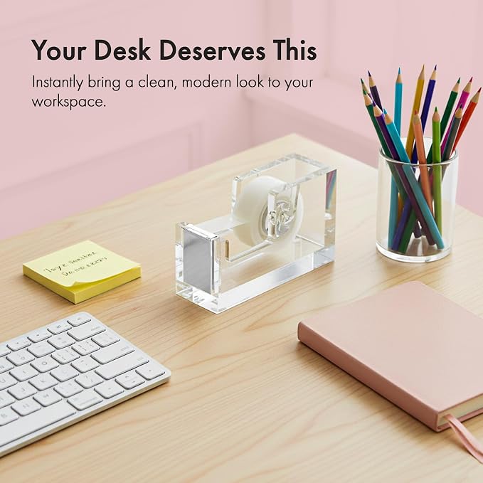 OfficeGoods Acrylic Tape Dispenser – Modern Desk Organizer for Office Supplies, Heavy Duty Refillable Tape Holder for Home and School Crafting, Stylish Desktop Accessory for Gift Wrapping, Silver