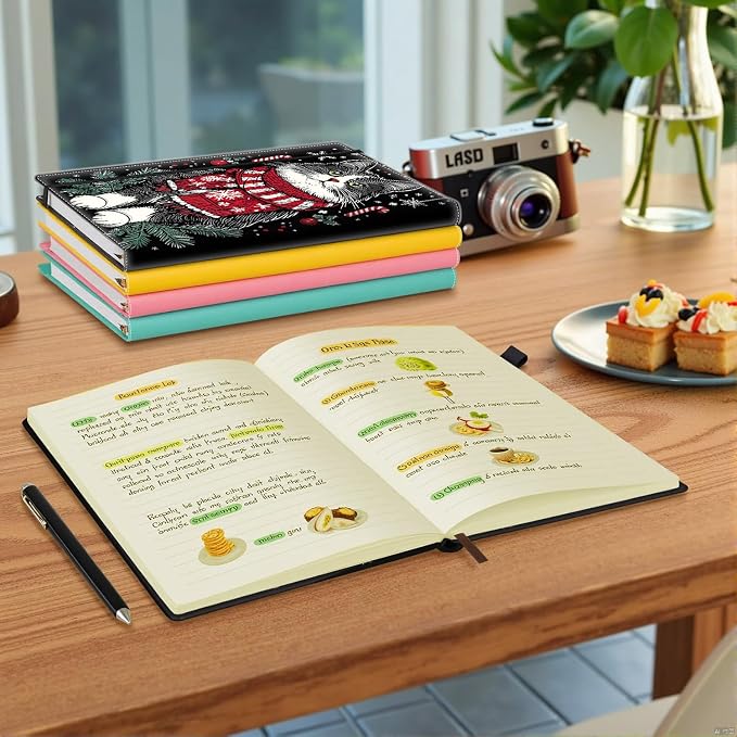 Hardcover Executive Notebooks, A5 PU Leather Lined Journal Notebook, 200 Pages Thick Paper Subject Notebooks for School,Work,Home Writing Business Notebook, Diary Book ，Christmas Cat