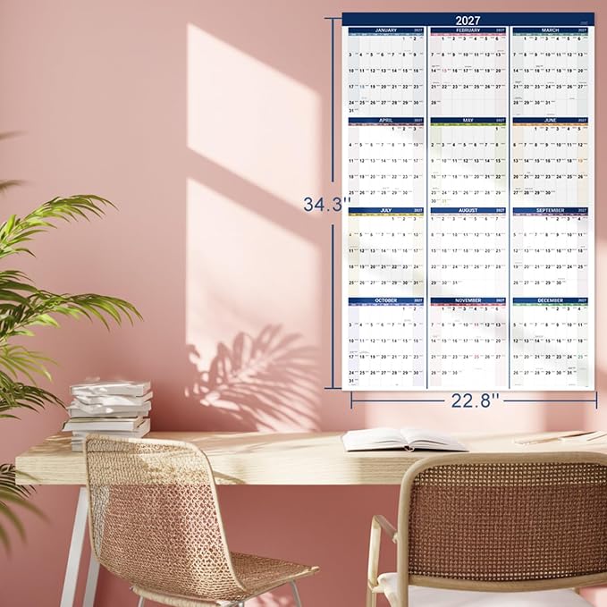 2027 Yearly Wall Calendar - Calendar 2027,Jan 2027 - Dec 2027, Yearly Planner, 34.3" x 22.8"(Open), Large Wall Calendar 27 with Premium Paper, Double-Sided Small Round Sticks, Azure