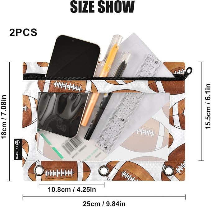 American Football Pencil Pouches for 3 Ring Binder, Zipper Binder Pencil Case, 2 Pack Clear Window Case Bag for Office Organizers