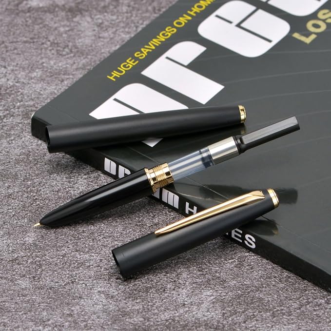 2PCS Jinhao 911 Fountain Pen Extra Fine Nib, Matte Black with Gold & Silver Trim, Lightweight and Durable, Includes Ink Cartridges & Converters, Smooth Writing Pen