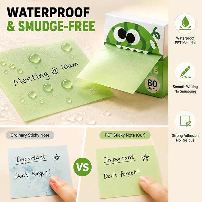 Cute Fruit Monster Pop Up Sticky Notes, Transparent Sticky Notes，6 Boxes | Reusable Office Stationery with Strong Adhesion, No Residue, 50 Reuses Per Sheet, Fun Desk Essential for Office & Study
