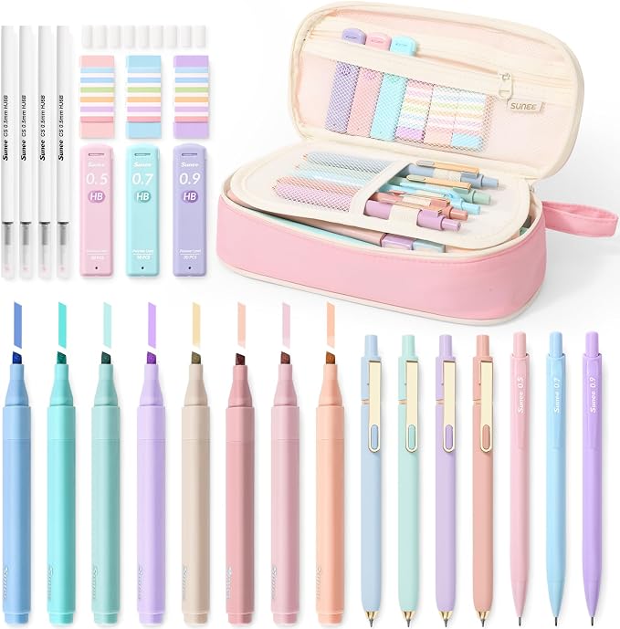 SUNEE 35PCS Aesthetic Stationery Set with Cute Pencil Case, Pastel Highlighters, Black Gel Pens, Mechanical Pencils & Refills, College School Supplies for Students Girls Pink