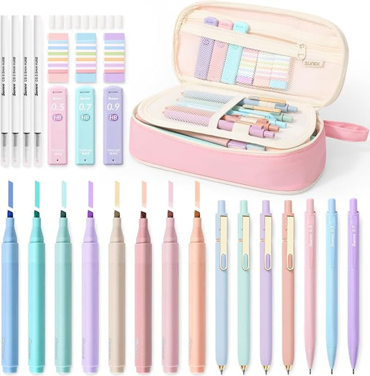 SUNEE 35PCS Aesthetic Stationery Set with Cute Pencil Case, Pastel Highlighters, Black Gel Pens, Mechanical Pencils & Refills, College School Supplies for Students Girls Pink
