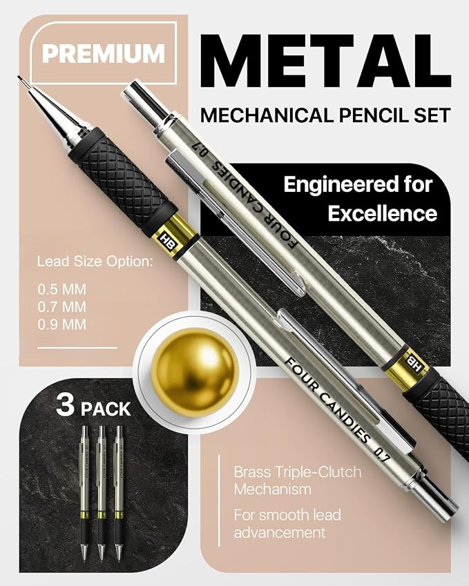 Metal Mechanical Pencil Set, 0.5/0.7/0.9mm, 3-Pack with Storage Case | 360 Leads, 3 Erasers+9 Refills, Non-Slip Grips, For School Writing, Sketching, Art Drawing & Professional Drafting