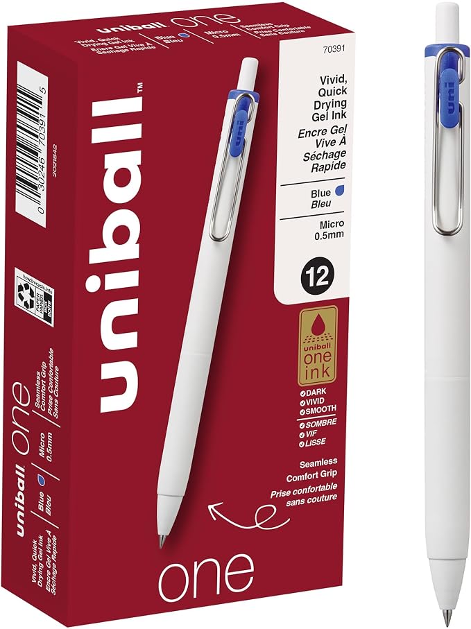 uniball™ one Retractable Gel Pens, Micro Point (0.5mm), Blue Ink, 12 Pack | Ink stays on top of paper fibers for crisp vivid lines, wire pocket clip, color indicator top, smooth barrel & rubber grip