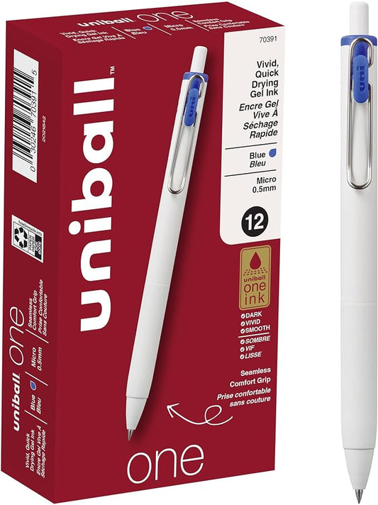 uniball™ one Retractable Gel Pens, Micro Point (0.5mm), Blue Ink, 12 Pack | Ink stays on top of paper fibers for crisp vivid lines, wire pocket clip, color indicator top, smooth barrel & rubber grip