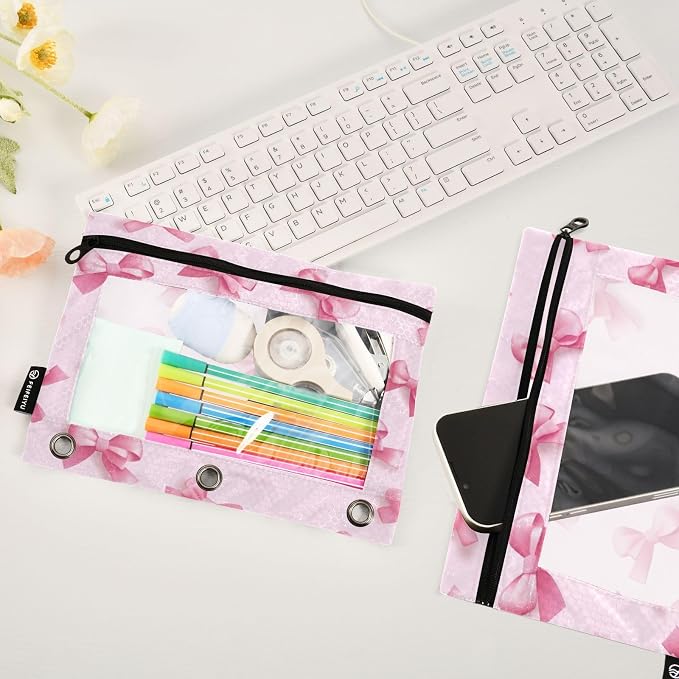 Pink Bows (1) Pencil Pouch Fits standard 3-ring binders, Zipper Binder Pencil Bag with Clear Window for Office 2 Pack