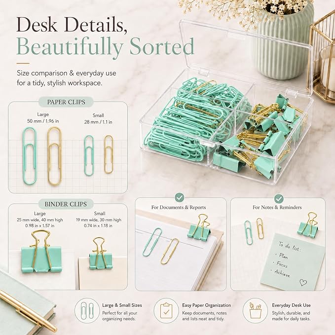 Green and Gold Paper Clips Binder Clips Set with Storage Box, 165 Psc, Assorted Size Decorative Office Clips, Cute Desk Accessories for School, Home Office, Planner, Journal and Documents