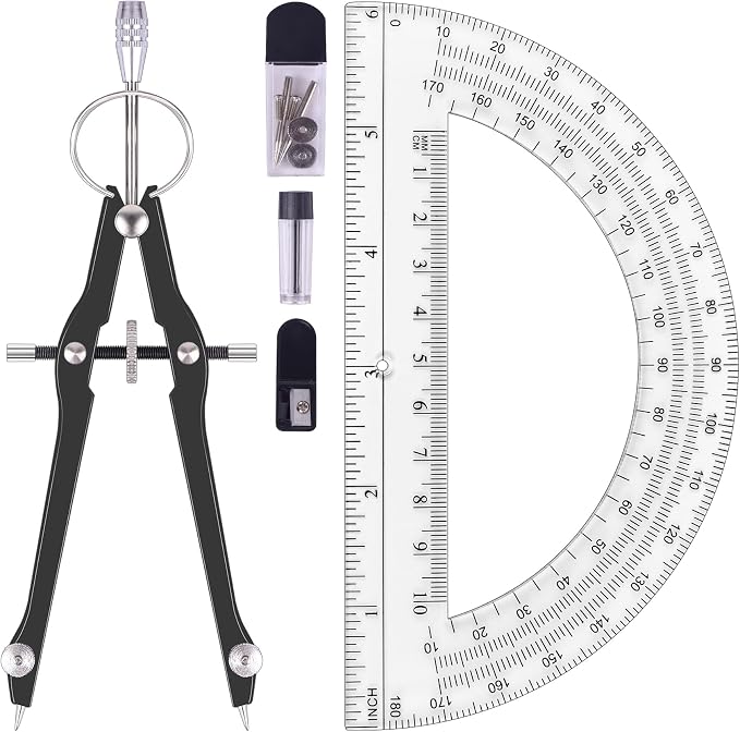 Unjoo Compass and Protractor Set, Math Compass for Geometry (Black) | Professional Drawing Compass Tool, Metal Compass with Extra Refills, 6 Inch Math Protractors 180 Degree, For School, Office