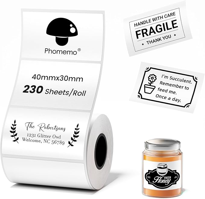 [230 pcs] Phomemo M110 Labels, 1.57'' x 1.18'' (40x30mm) | Original, Square, White, 230 Labels/Roll, Self-Adhesive Removable Thermal Label Compatible for M100/M120/M220/M221/M250