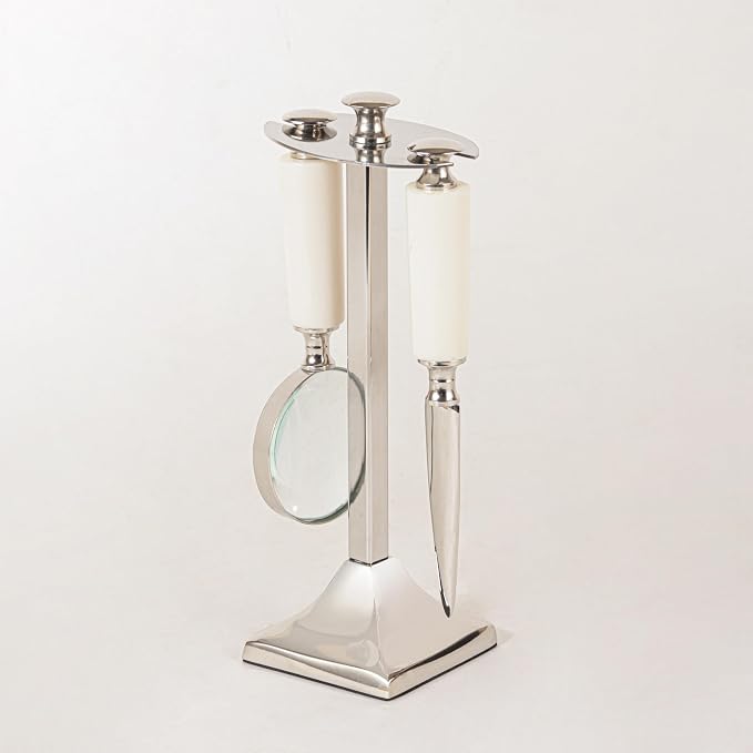 Set with Magnifying Glass and Letter Opener, Silver White Modern Office Desk Accessories, Decorative Home Office Decor, Professional Business Gift (Silver & White)