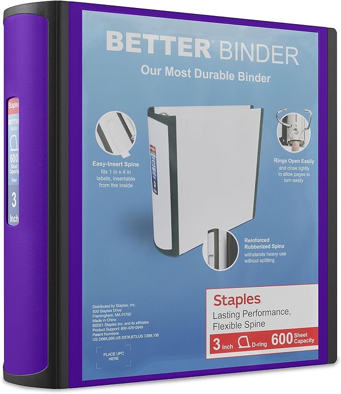 Staples Better Binder, 3" Heavy‑Duty D‑Ring 3‑Ring Binder, Purple, Reinforced Spine, 600‑Sheet Capacity, Durable Organizer for Office, School & Presentations, 2‑Pack