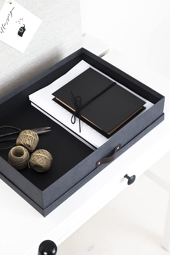 Bigso Box of Sweden Document Box with Lid for Papers in A3 format - Document Organiser Tray with Lid and Leather Handle - Storage Container Made of Fibreboard and Paper - Black
