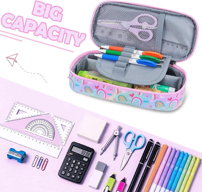 RHCPFOVR Kids Pencil Case for Girls-Soft Zipper Large Capacity Pencil Pouch for Girls Pencil Case for School Pencil Bag for Toddler (Pink-Rainbow)