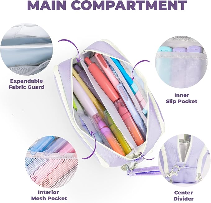 Four Candies Puple Pencil Case 3 Compartment Pouch, Large Pencil Case for School, Girls, Teen Boys, Women, Puple, Removable Handle & Zipper, Cute Pencil Bag for Office, College