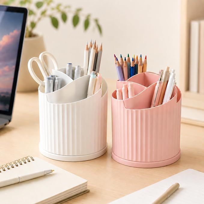 Desk Organizer, 360° Rotating Pen Holder with 5 Compartments, White | 5 Compartments, Pencil Cup, Storage Box Caddy, For Kids, Office, School, Home