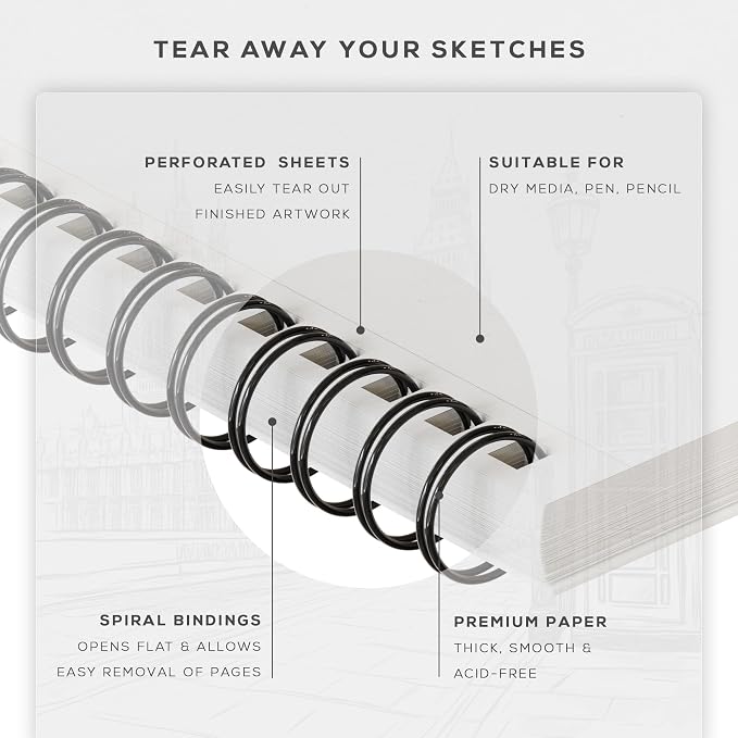 BEECHMORE BOOKS 5.6"x8.5" Spiral Sketchbook – 140 GSM Acid-Free Paper, 100 Perforated Pages, A5 Art Sketch Pad for Drawing & Sketching, Artists, Adults